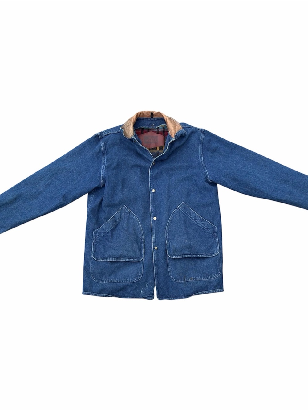 Vintage 1990’s Woolrich Aztec Blanket Lined Denim Barn Chore Coat Sz. Large Blue